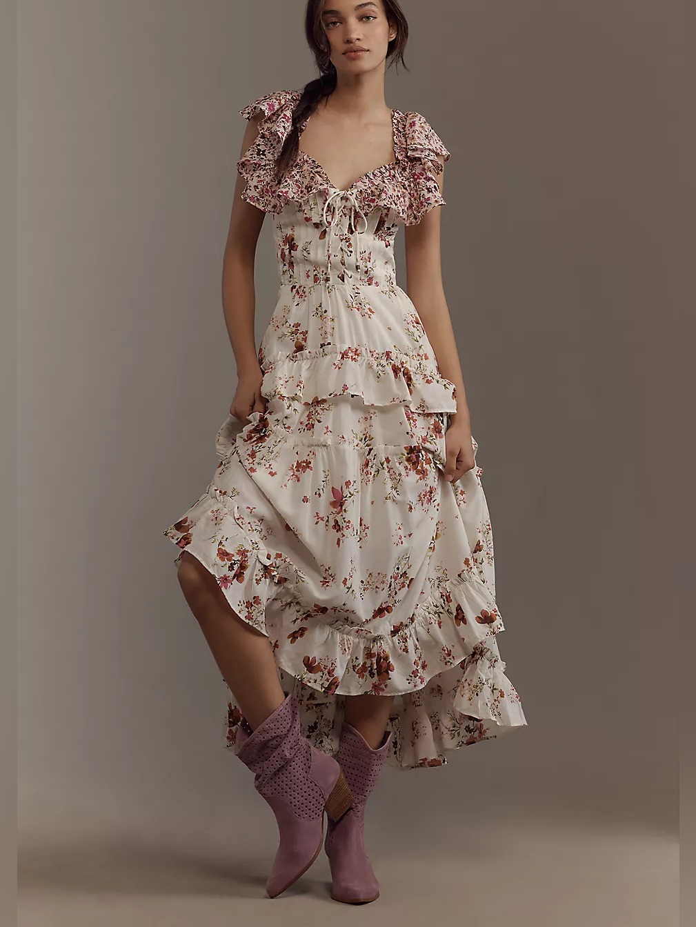 Nwt Size S - Maeve Cotton Ruffle-Sleeve V-Neck Lace-Up Midi Dress (Nwt Us$ 248)